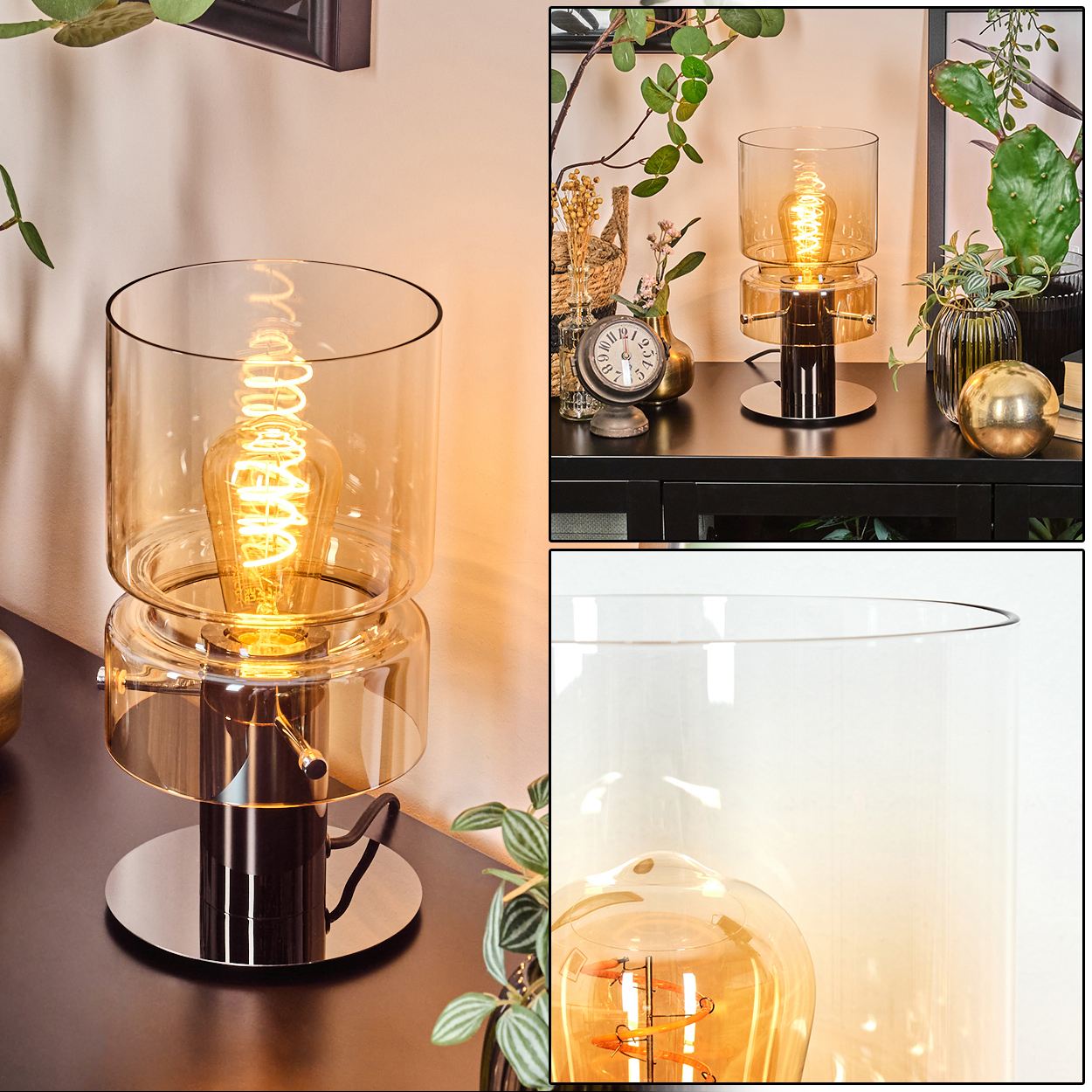 Eine dekorative Lampe mit Glühbirne steht auf einer schwarzen Oberfläche. Pflanzen, eine Uhr und eine goldene Kugel sind im Hintergrund.