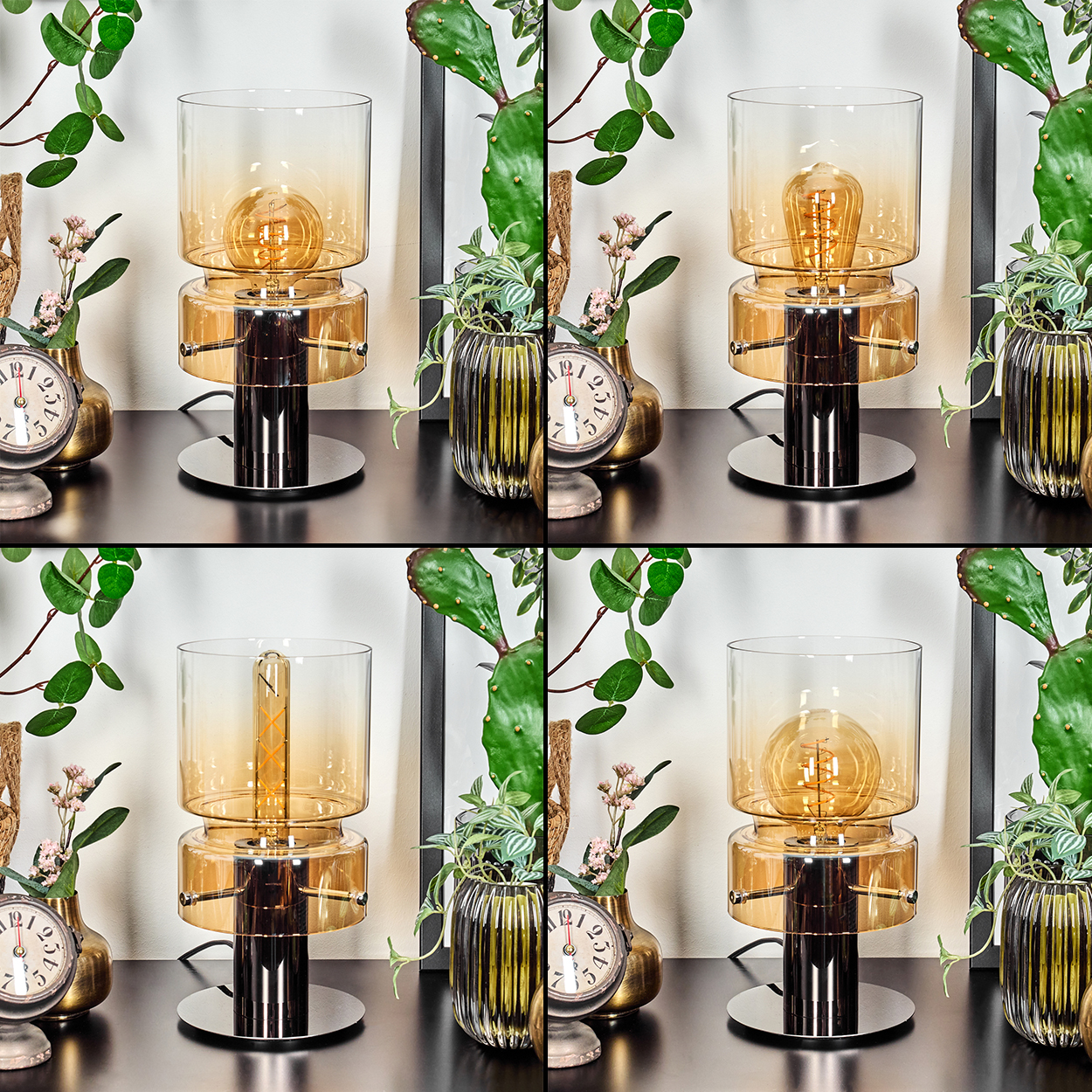 Eine dekorative Lampe mit Glühbirne steht im Mittelpunkt. Weitere Gegenstände sind eine Uhr, ein Kaktus und Zierpflanzen.