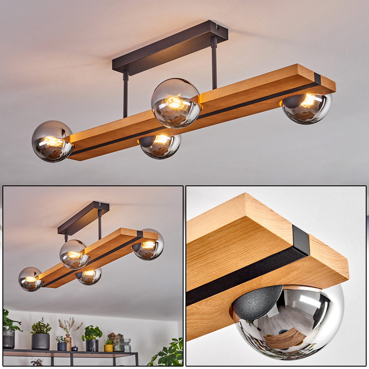 Eine moderne Deckenlampe mit Holzbalken, schwarzen Metallakzenten und Glaskugellampen. Der Hintergrund ist eine weiße Decke.