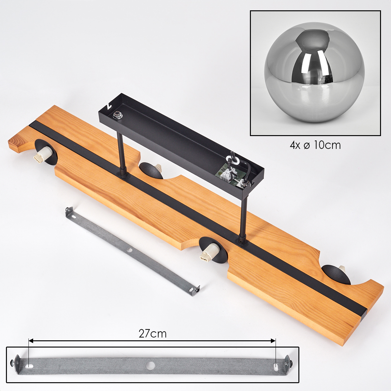 Eine zerlegte Leuchte mit Holz- und Metallkomponenten, darunter eine Metallkugel und eine 27 cm lange Halterung, auf weißem Hintergrund.