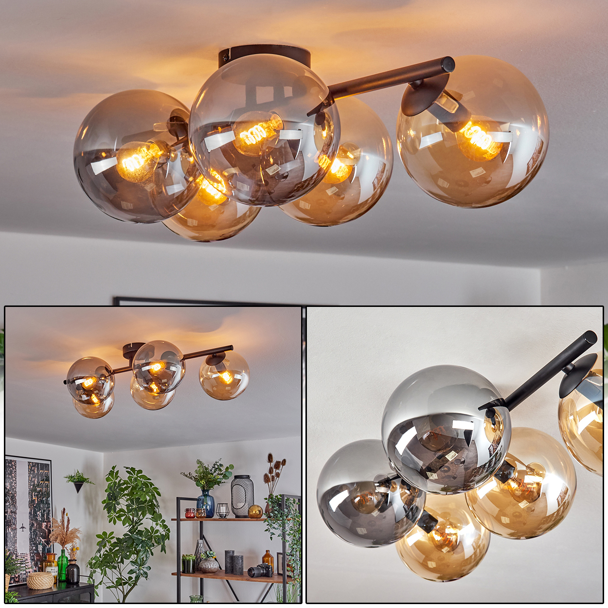 Eine moderne Deckenleuchte mit fünf kugelförmigen Glasschirmen in Grau- und Bernsteintönen. Die Glühbirnen sind sichtbar.