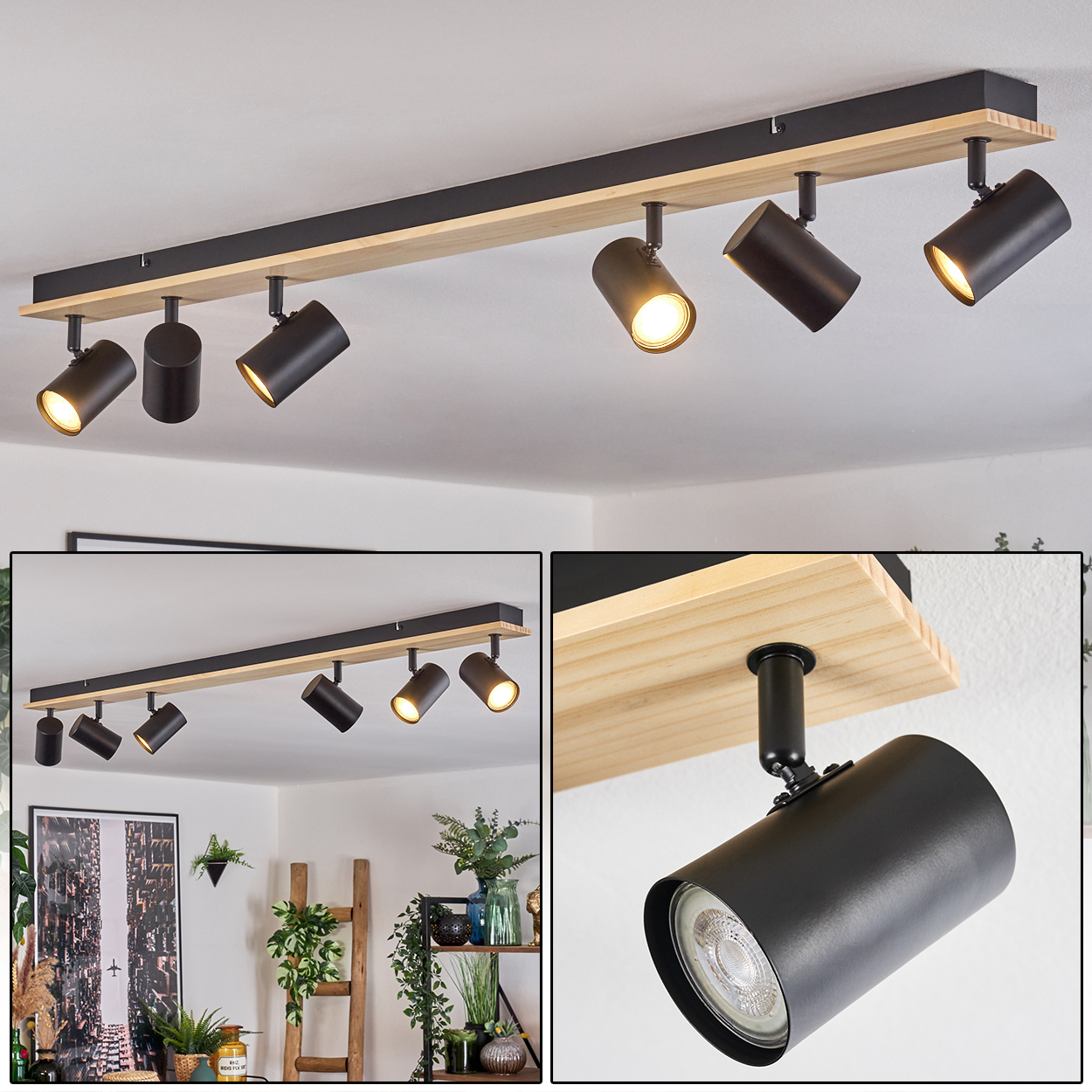 Moderne Deckenleuchte mit sechs schwarzen Strahlern auf einem Holzbalken. Die Lichter sind an und beleuchten den Raum.