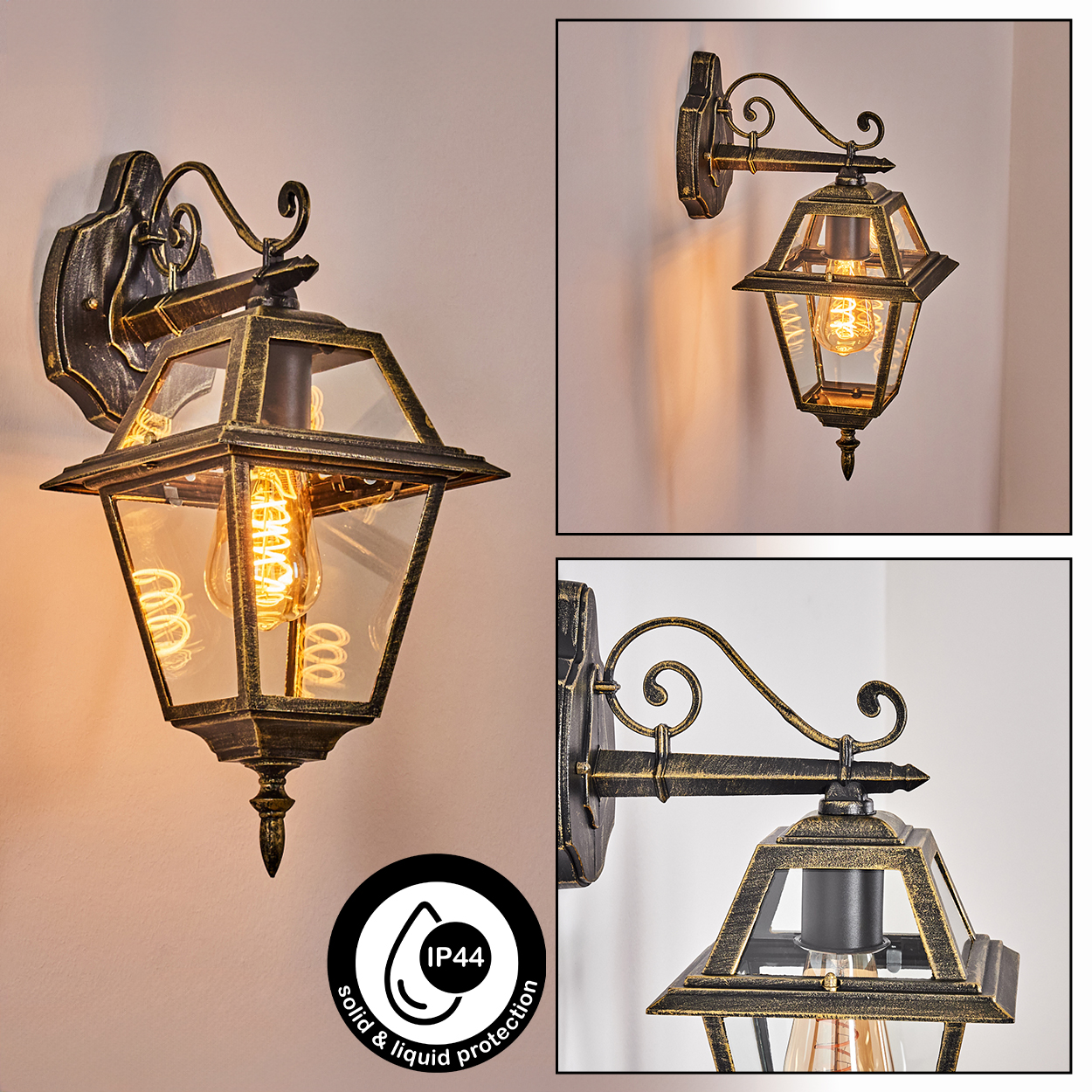 Eine dekorative Wandlampe mit goldenem Rahmen und Glaspaneelen. Sie hat eine Edison-Glühbirne. Die Lampe befindet sich an einer beigen Wand.