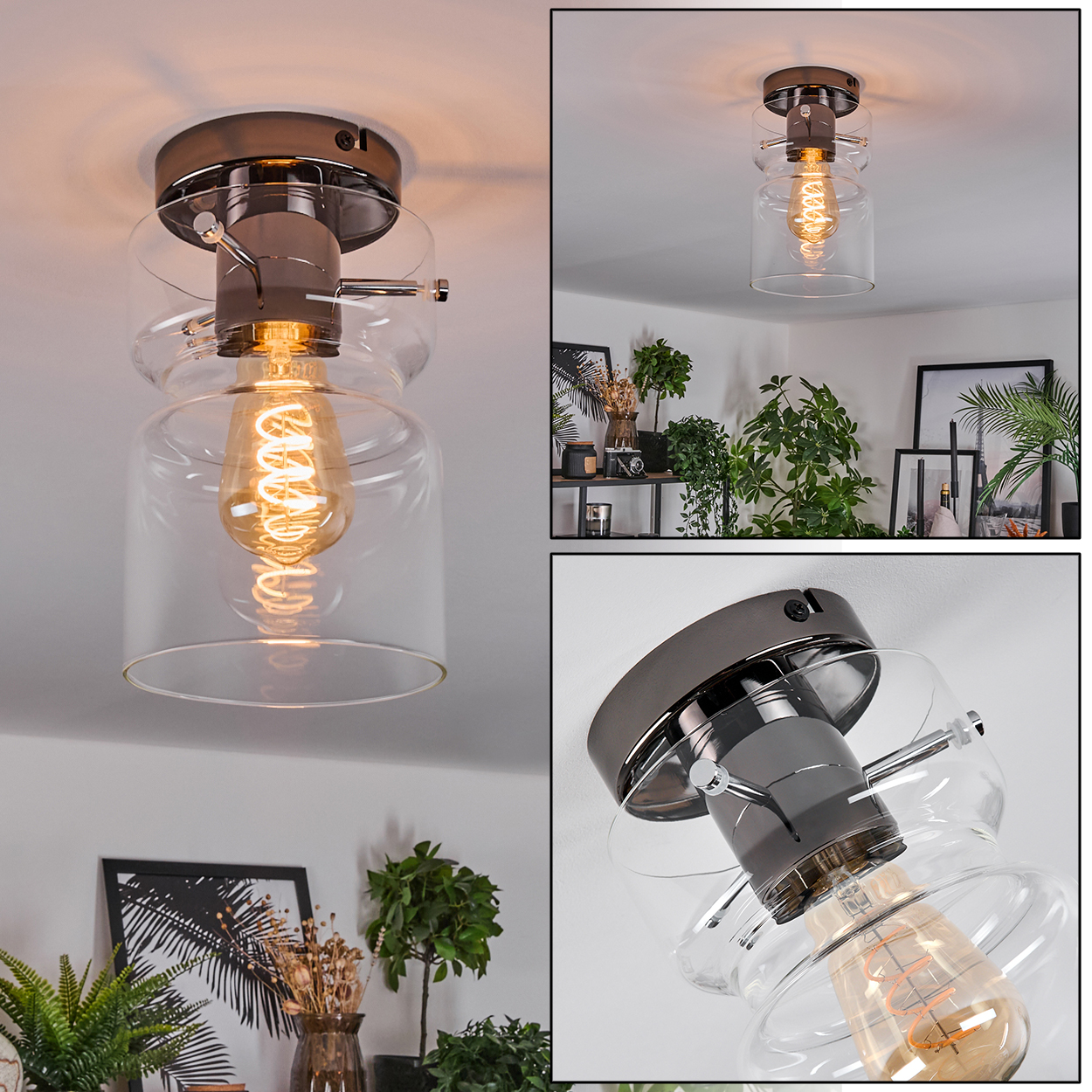 Eine moderne Deckenleuchte mit einer sichtbaren Glühbirne in einem Glasschirm. Die Leuchte hat eine metallische Oberfläche und ist an der Decke montiert.