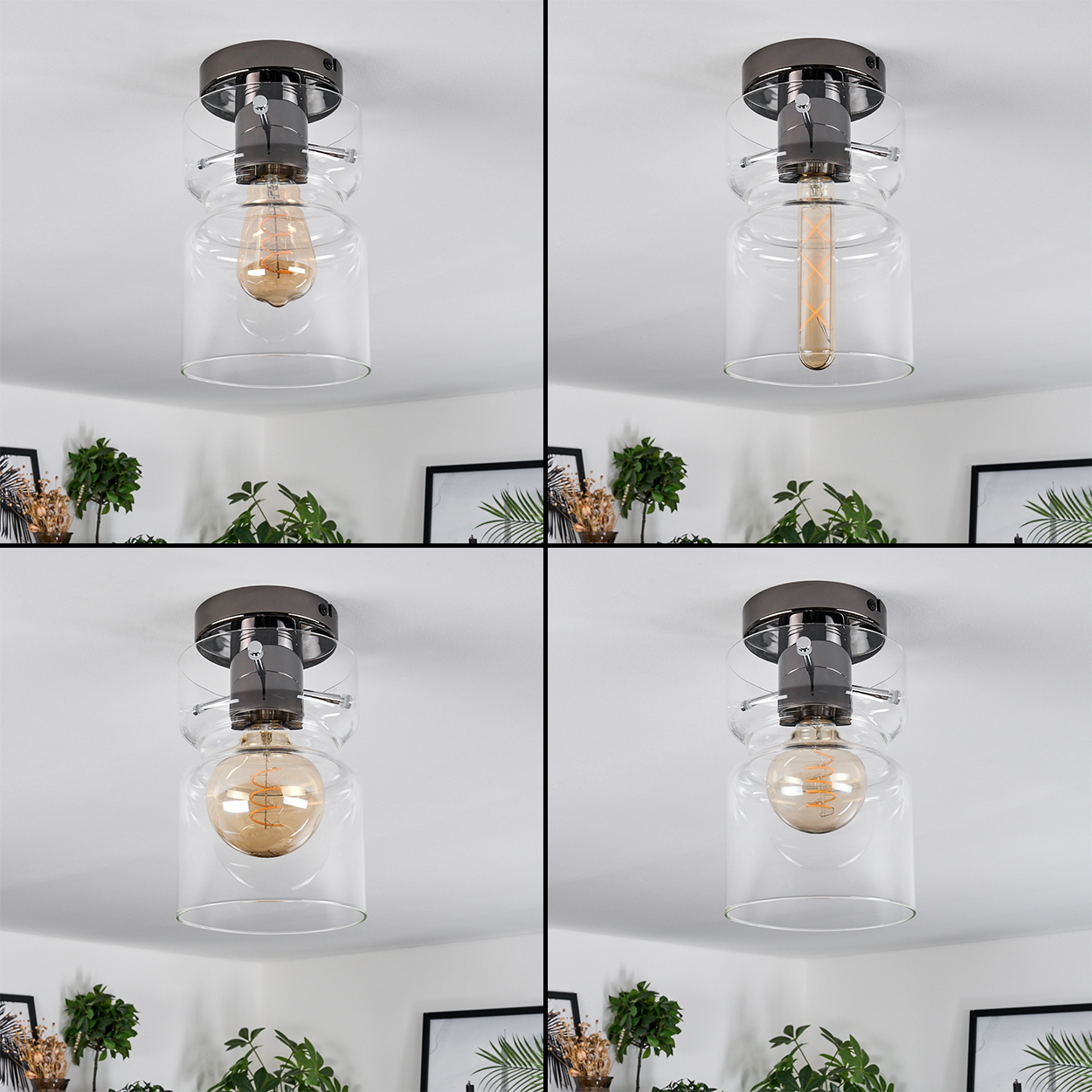 Vier Deckenlampen mit Glasschirmen, jede mit einer anderen Glühbirne, in einem Quadrat angeordnet. Pflanzen und Bilder sind im Hintergrund.