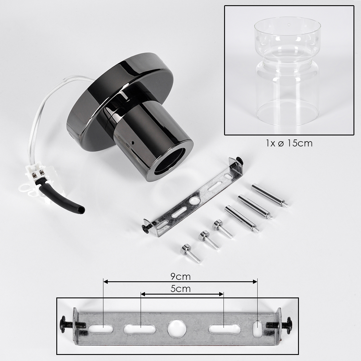 Eine schwarze Lampenfassung mit zylindrischem Sockel, Drähten, Schrauben, einer Halterung und einem Glasschirm auf weißem Untergrund.