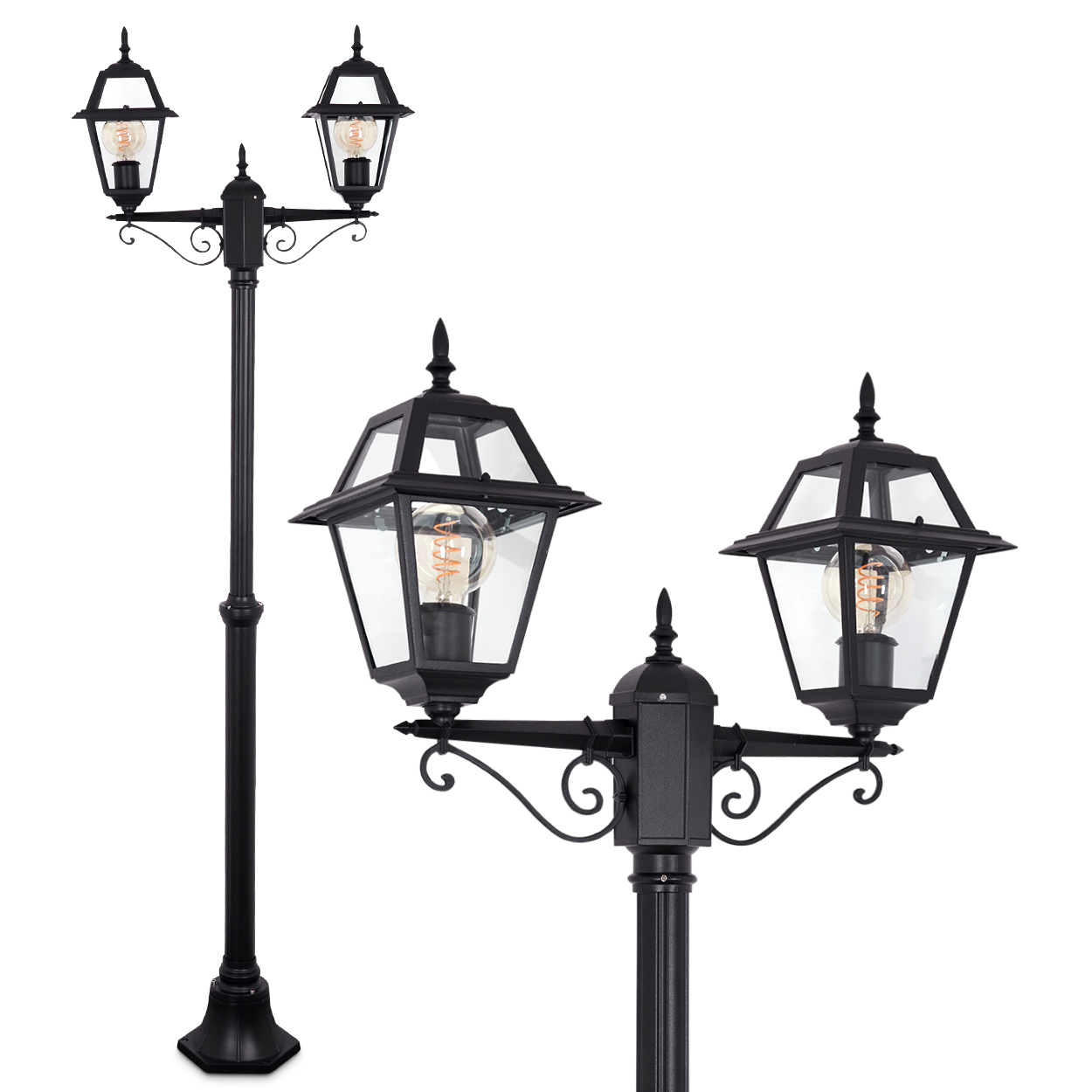 Schwarze Außenlaterne mit zwei Lampen. Jede Lampe hat einen Glasschirm und eine sichtbare Glühbirne.