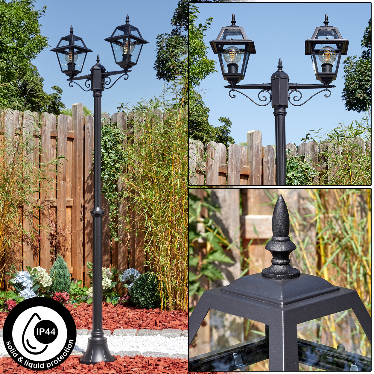 Schwarze Außenlampe mit zwei Lichtern. Holzzaun und Pflanzen im Hintergrund. IP44-Label.