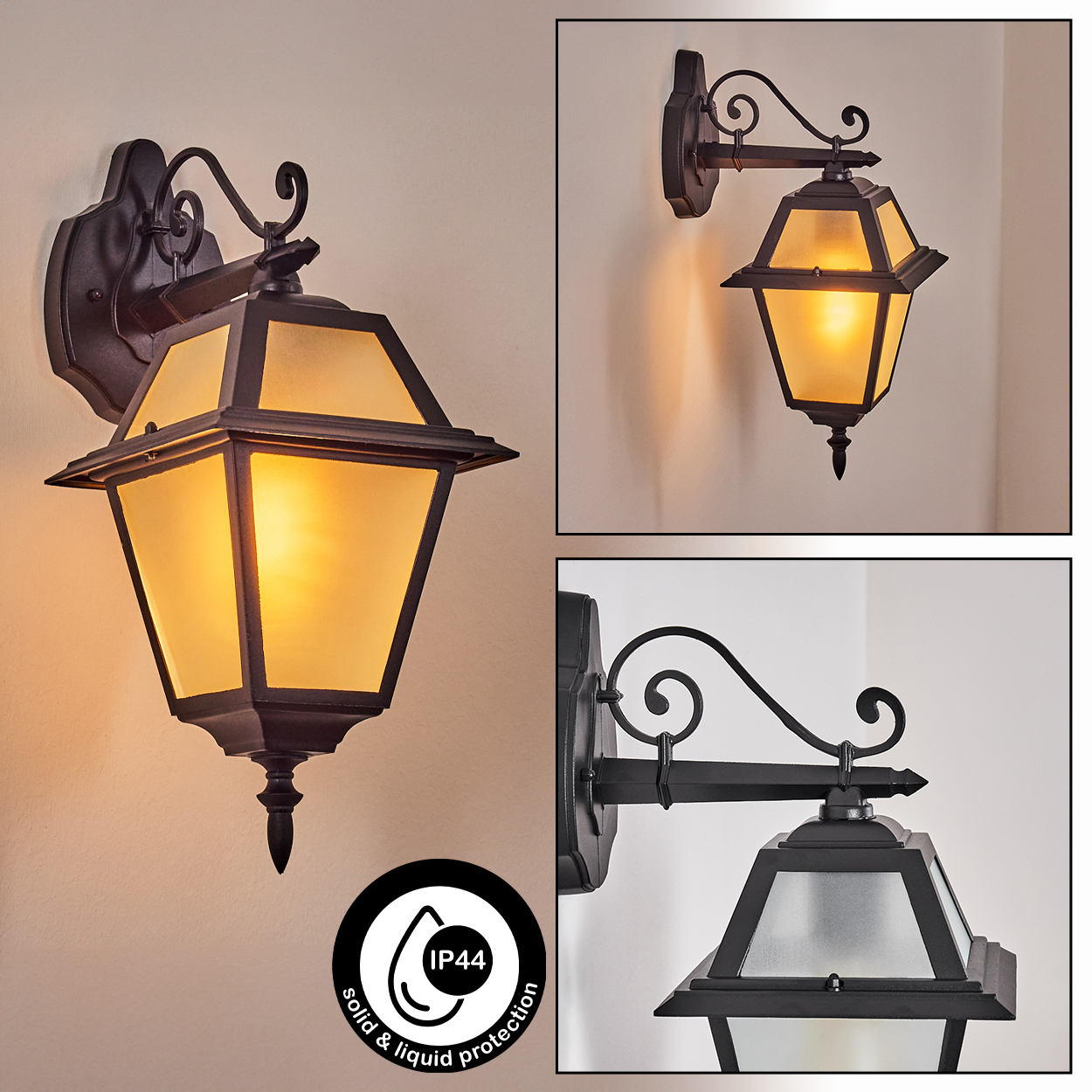 Drei Bilder einer schwarzen Außenwandleuchte mit gelbem Licht. Die Lampe hat ein klassisches Design und die Schutzart IP44.