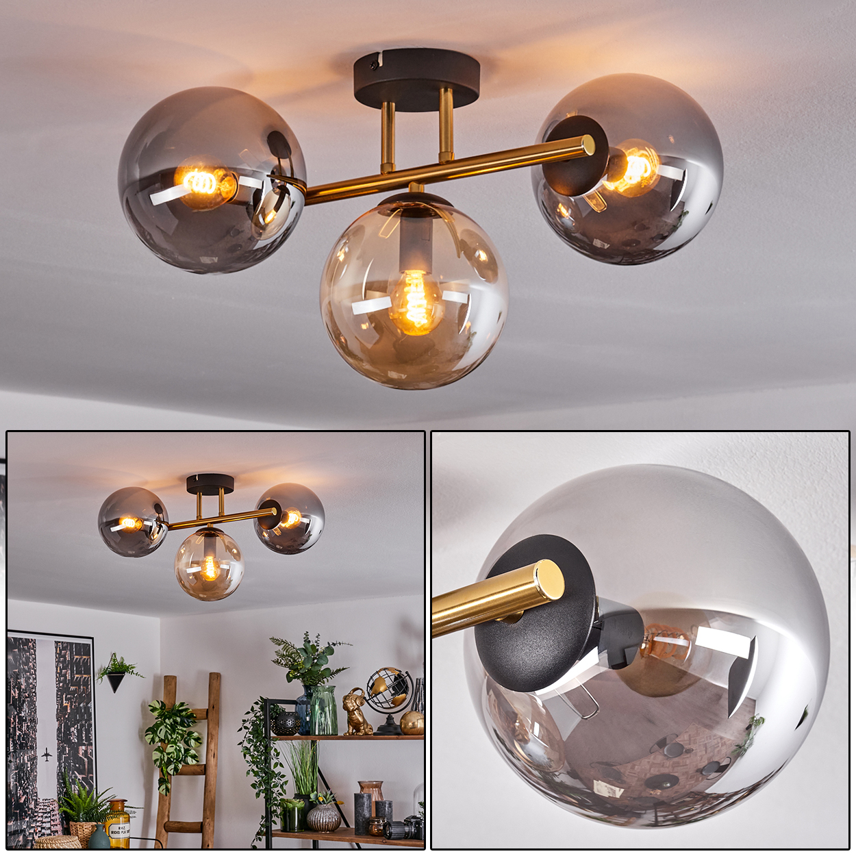 Eine moderne Deckenlampe mit drei kugelförmigen Schirmen. Die Schirme sind grau und braun, und es sind Glühbirnen sichtbar.