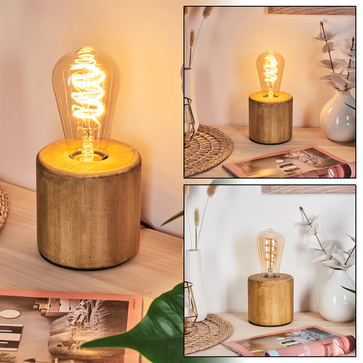 Eine leuchtende Glühbirne sitzt auf einem Holzsockel. Im Vordergrund liegen ein Magazin und Pflanzen, im Hintergrund Vasen und eine Webmatte.