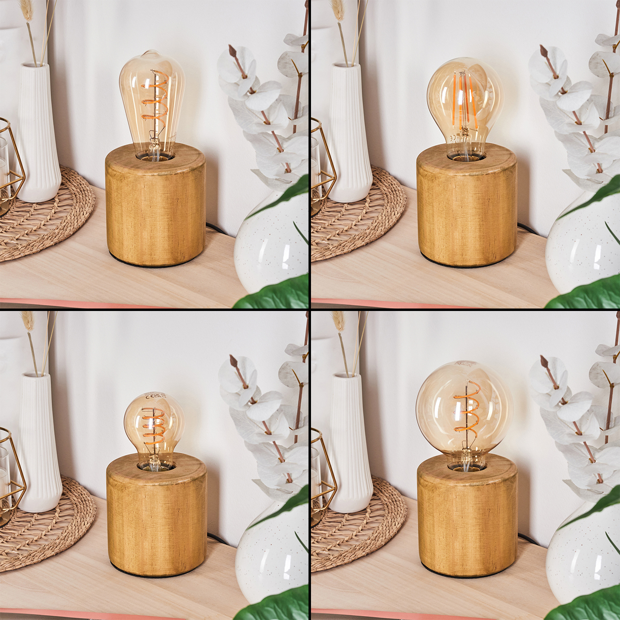 Eine dekorative Lampe mit Holzsockel und Glühbirne. Daneben Vasen, Pflanzen und eine gewebte Matte.