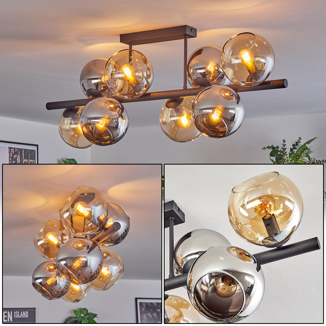 Eine moderne Deckenleuchte mit mehreren Glaskugelschirmen. Die Kugeln sind bernsteinfarben und silberfarben, mit sichtbaren Glühbirnen.