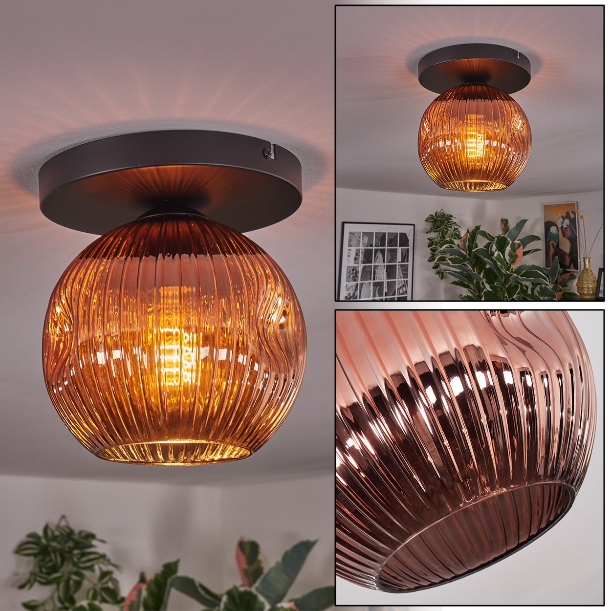 Nahaufnahme einer Deckenlampe mit kupferfarbenem, geripptem Glaskugel. Die Lampe ist an und beleuchtet den Raum. Andere Objekte sind sichtbar.