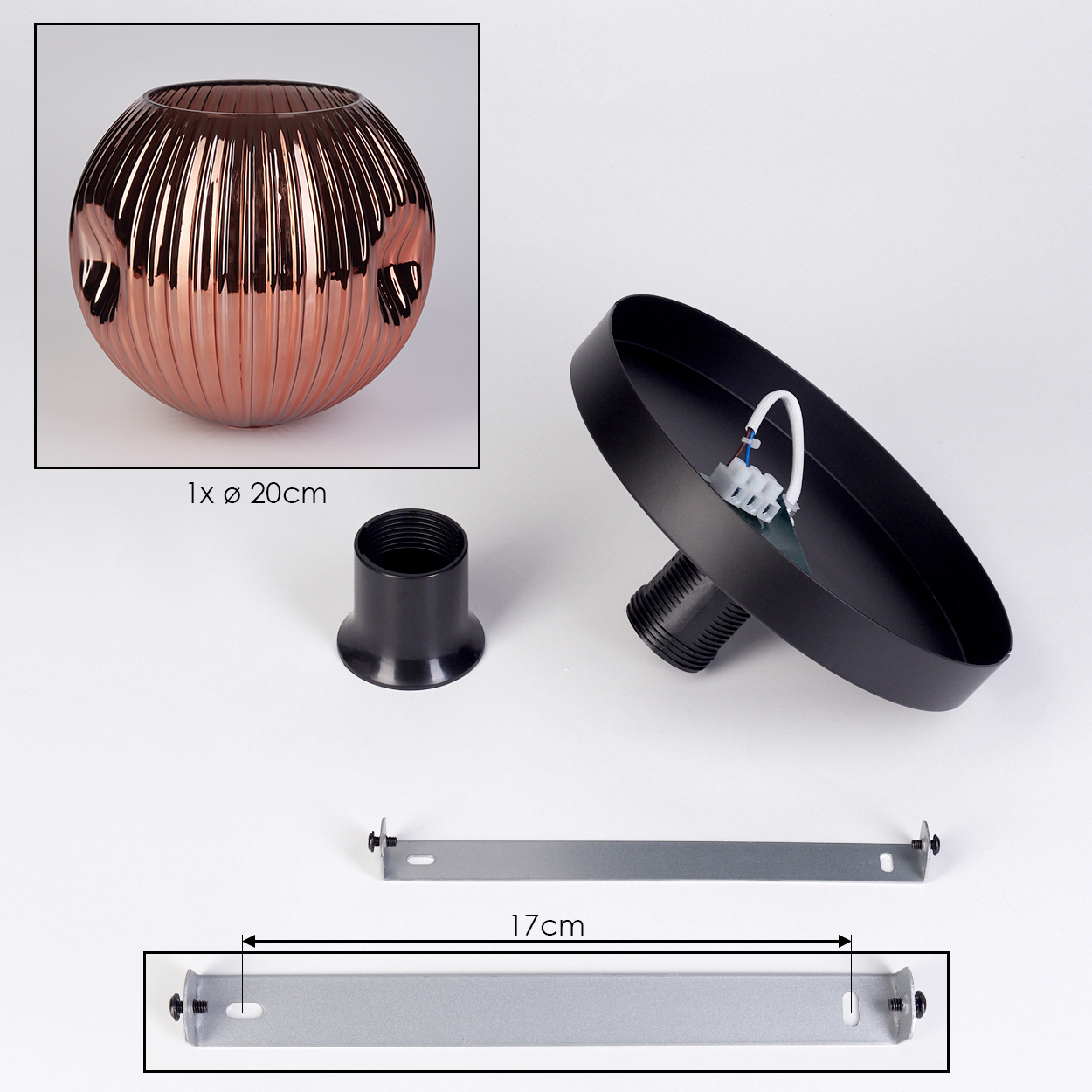 Lampenkomponenten: eine bronzefarbene Glaskugel, schwarze Metallteile und eine silberne Metallhalterung mit Schrauben, auf weißem Grund.