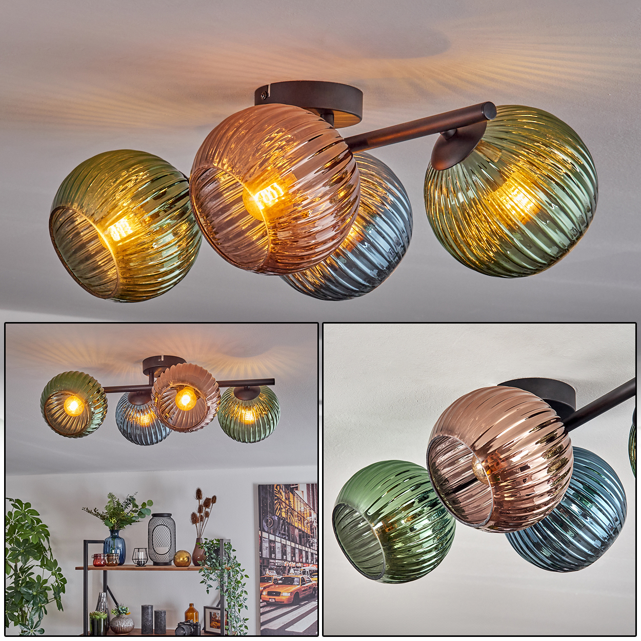 Eine moderne Deckenlampe mit vier bunten Glaskugeln. Jede Kugel hat eine einzigartige Farbe und ist mit warmem Licht beleuchtet.