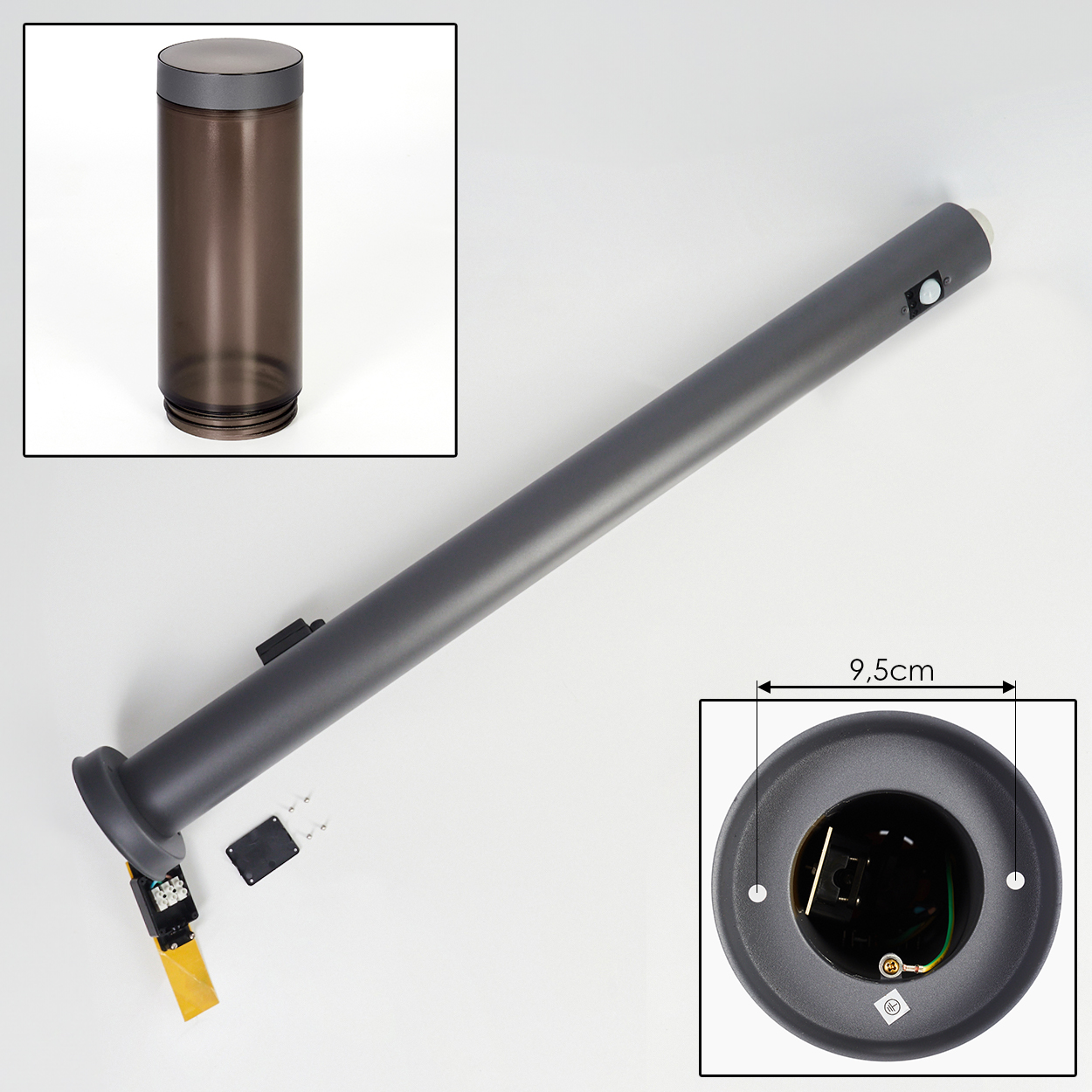 Zerlegte Lampe mit sichtbaren Teilen. Enthält Zylinder, langes Rohr und eine Basis mit Verkabelung und Maßen.
