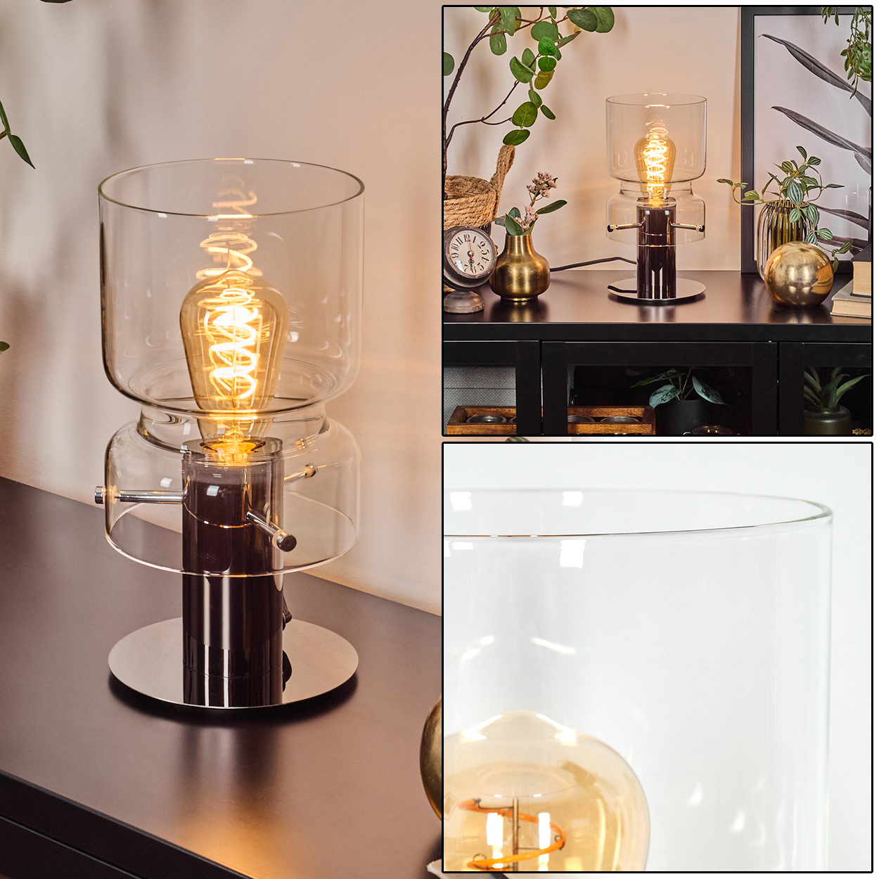Eine moderne Glaslampe mit sichtbarer Glühbirne. Sie steht auf einer dunklen Oberfläche mit dekorativen Gegenständen im Hintergrund.