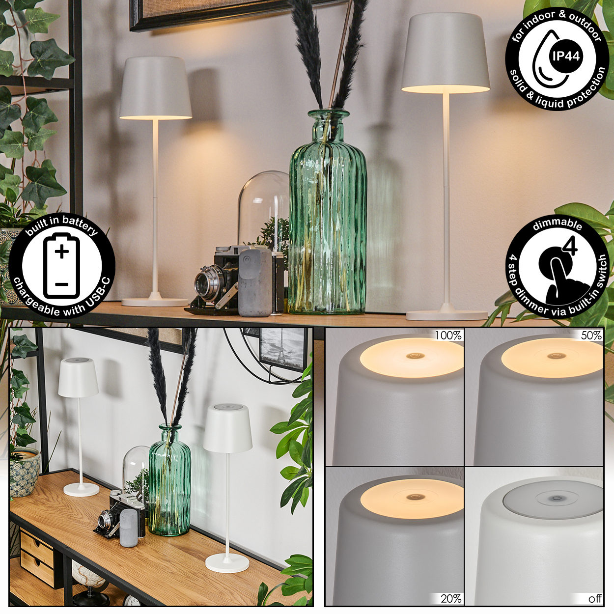 Zwei weiße Lampen auf einem Holzregal, mit einer grünen Vase und einer Kamera. Die Lampen sind dimmbar und mit USB-C aufladbar.
