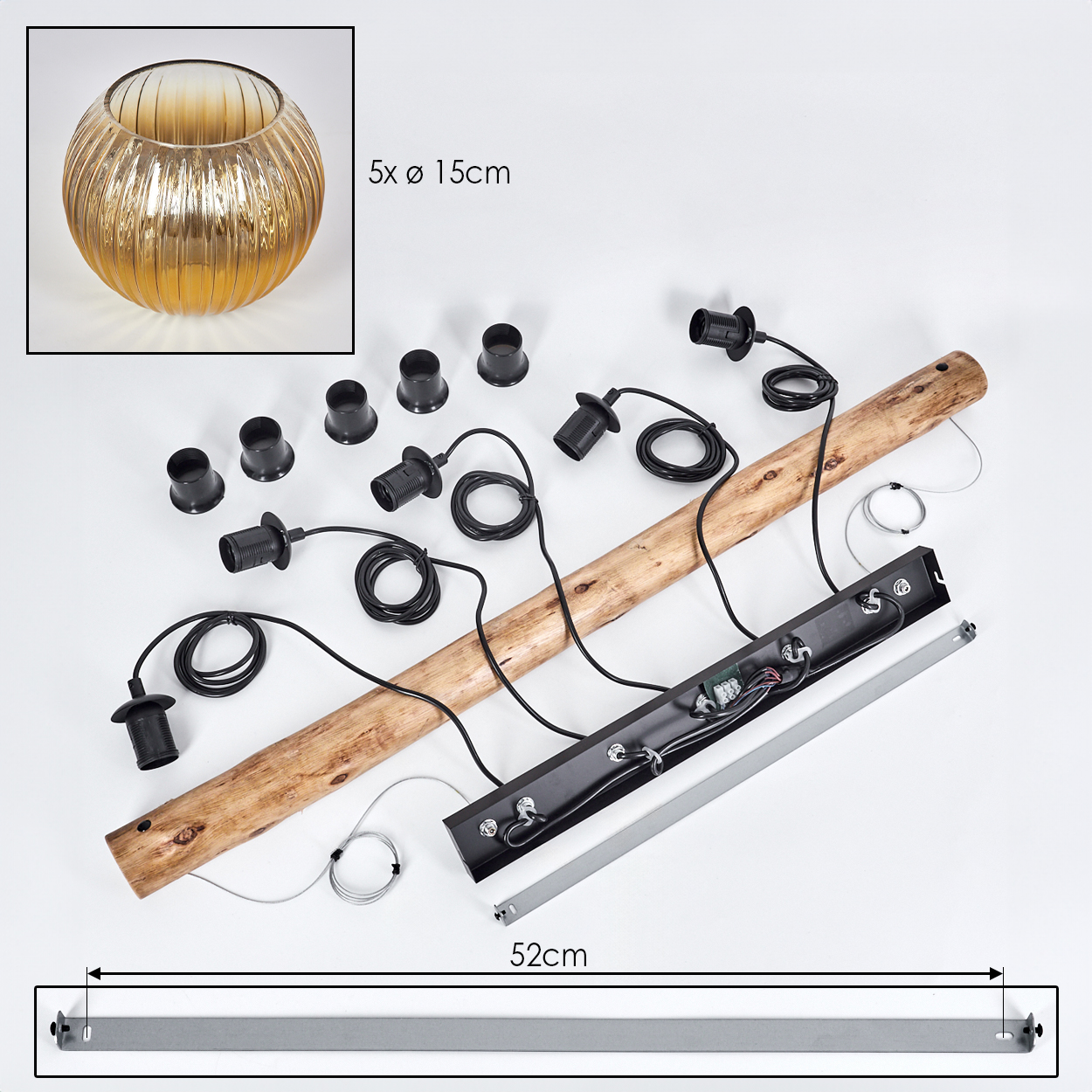 Komponenten der Deckenleuchte: Holzbalken, schwarze Armaturen, Glasschale, Metallrahmen und Drähte. Abmessungen angegeben.