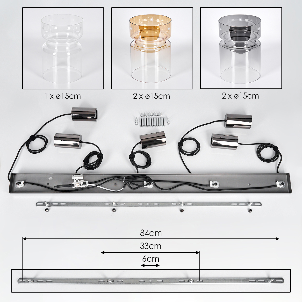 Deckenleuchten-Set mit drei Glasschirmen, Metallzylindern und einer langen rechteckigen Metallbasis mit Größenangaben.
