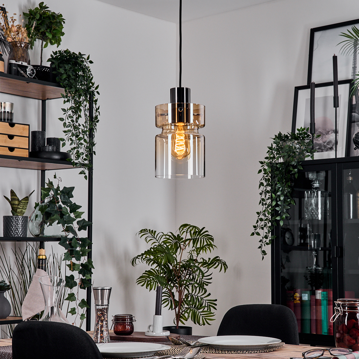 Ein Esszimmer mit einer Hängelampe. Regale und ein Schrank befinden sich im Hintergrund. Pflanzen und Essgeschirr sind im Vordergrund.