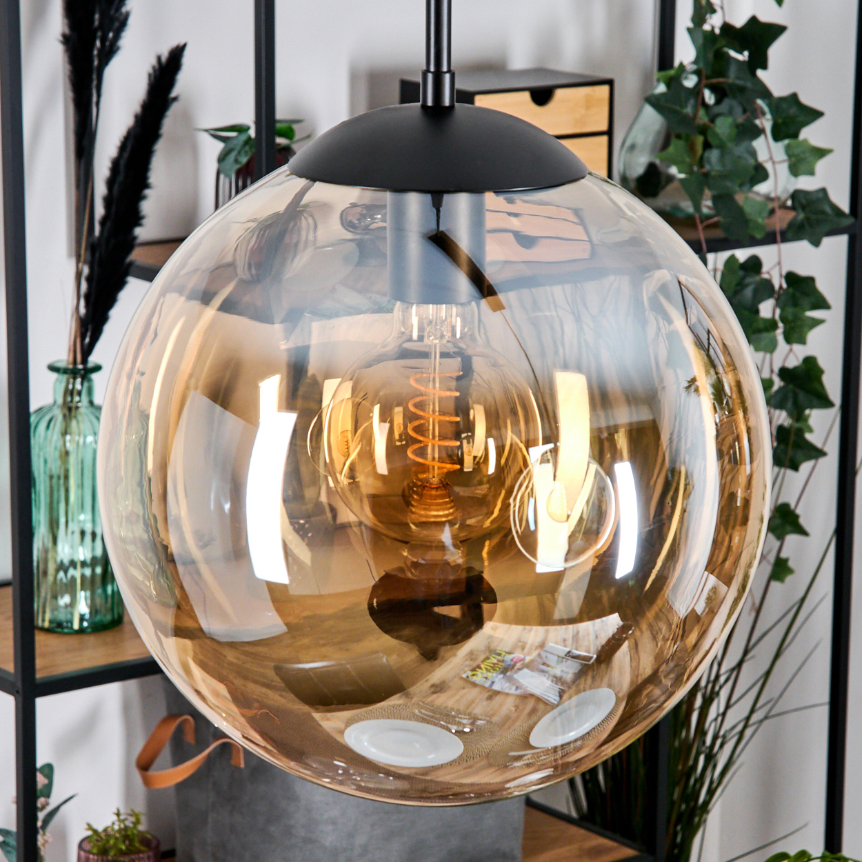 Eine Glasglobus-Pendelleuchte mit Edison-Glühbirne hängt in einem Raum mit Regalen und Pflanzen.