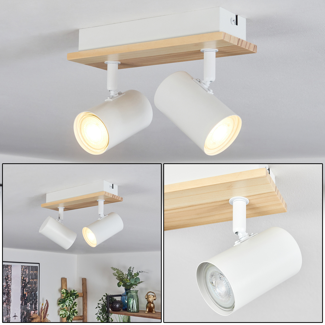 Deckenstrahler mit zwei weißen Lampen. Holz- und weißer Sockel. Die Lichter sind an. Ein Raum mit Pflanzen und Dekorationen ist sichtbar.