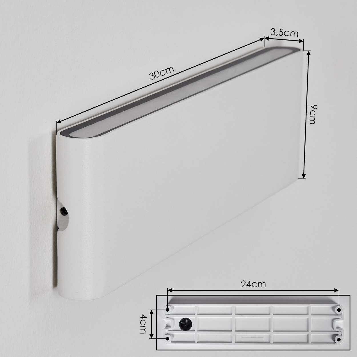 Weißes rechteckiges Objekt an einer weißen Wand. Abmessungen sind beschriftet: 30 cm, 9 cm, 3,5 cm und 24 cm. Ein weiteres Detail von 4 cm.
