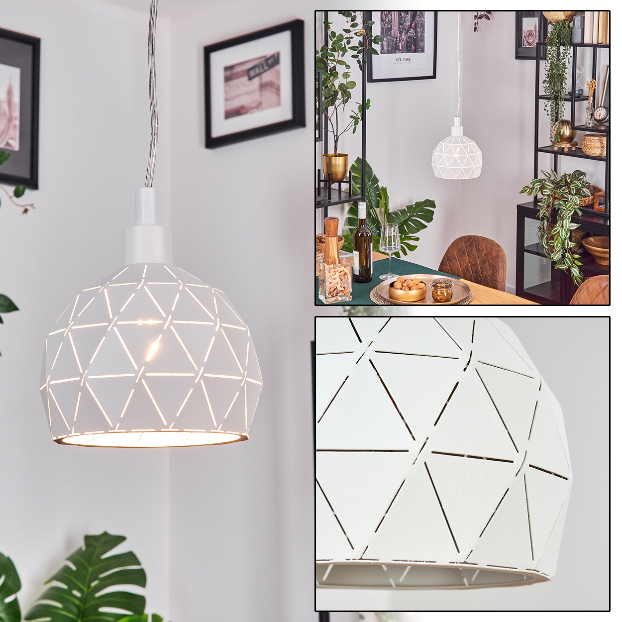 Eine weiße geometrische Pendelleuchte hängt über einem Tisch. Der Raum hat Pflanzen, Bilder und eine Essecke.