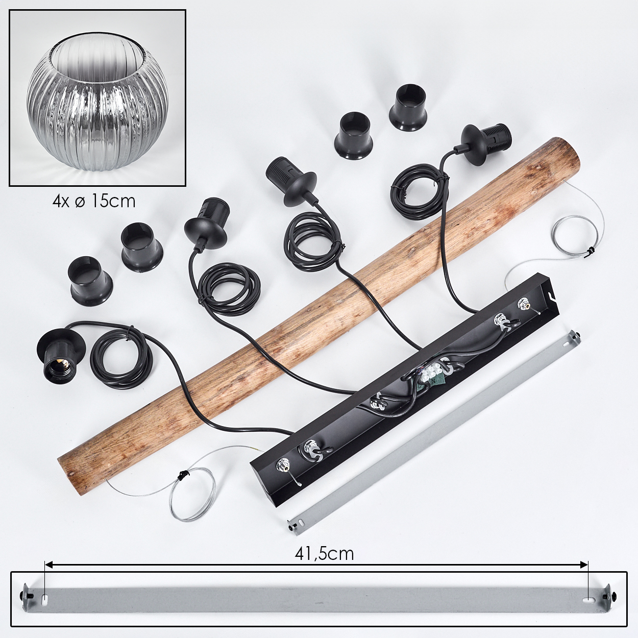Zerlegte Lampenteile: Glasschale, schwarze Glühbirnenhalter, Holzbalken, Metallstange, Drähte und eine schwarze Metallbasis.