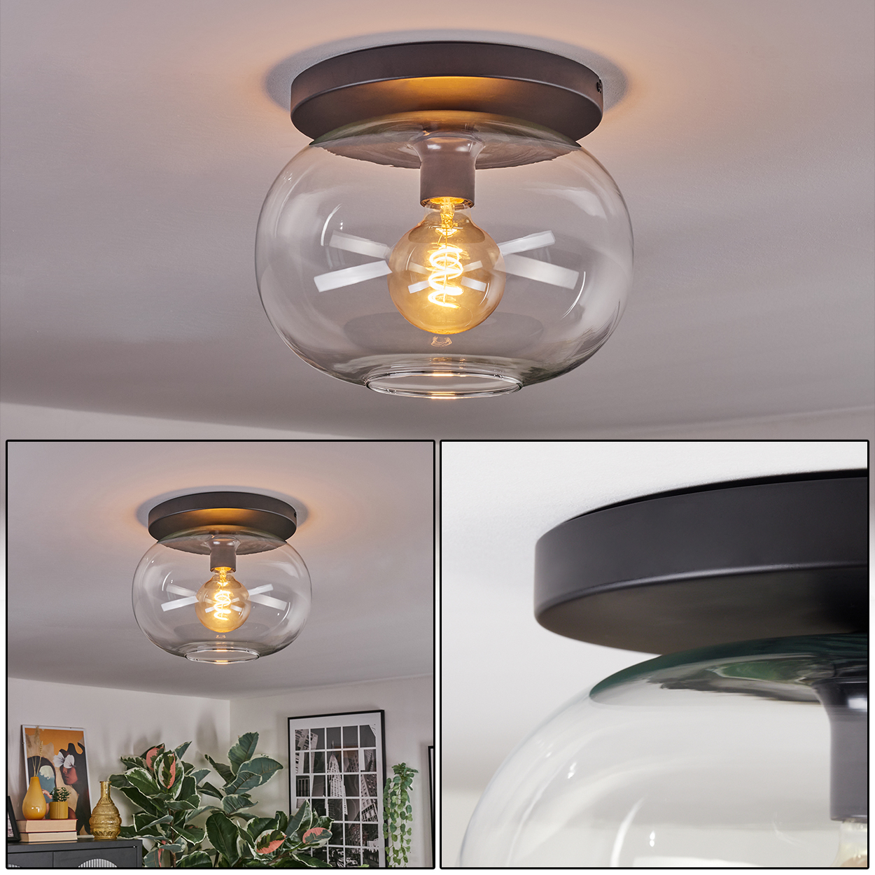 Eine moderne Deckenleuchte mit rundem Glasschirm und sichtbarer, leuchtender Glühbirne. Das Licht ist an einer weißen Decke befestigt.