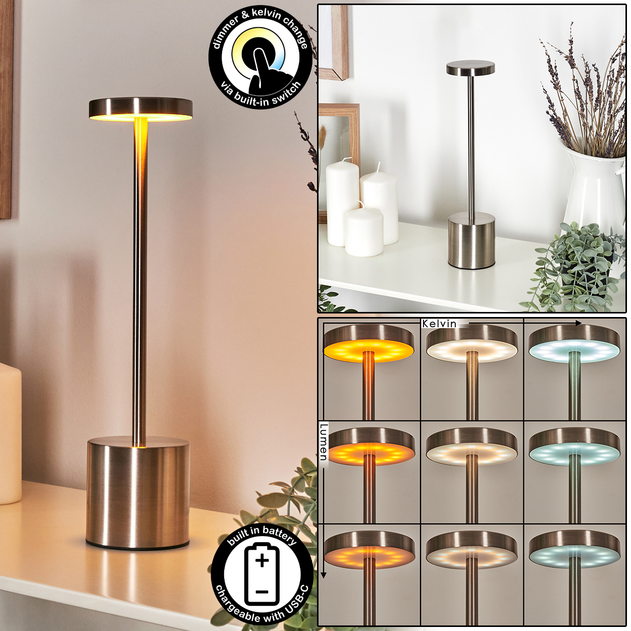 Eine moderne Lampe mit einstellbaren Lichteinstellungen. Sie hat einen zylindrischen Sockel, einen schlanken Stiel und einen kreisförmigen Lichtkopf. Zusätzliche Bilder zeigen Beleuchtungsoptionen.