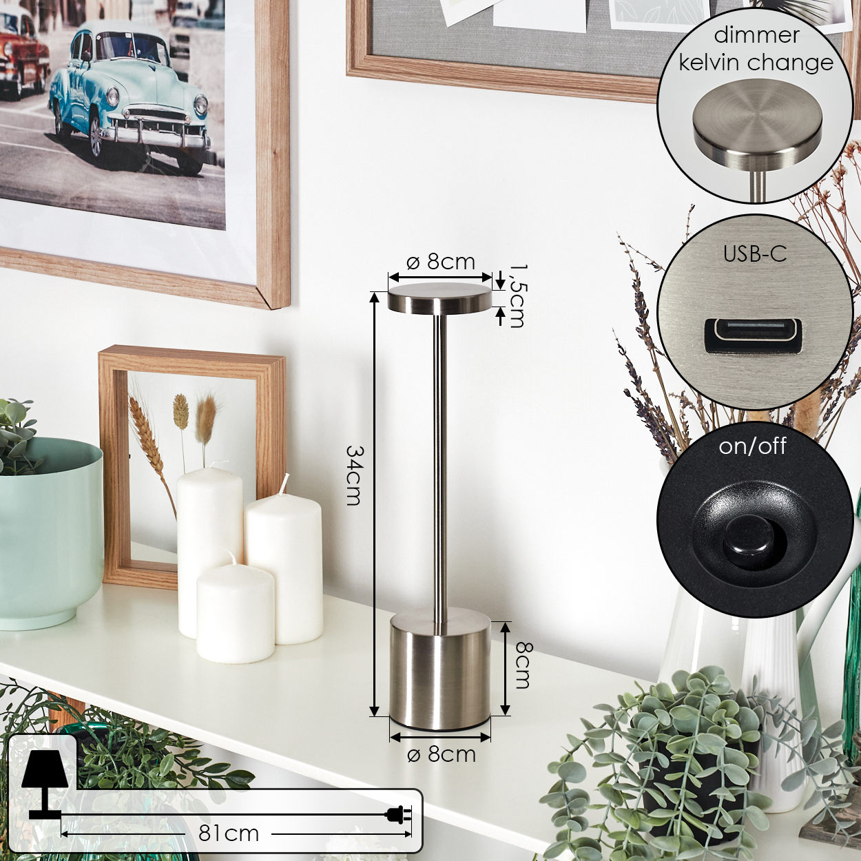 Eine moderne Lampe mit rundem Sockel und Oberteil, Abmessungen sind angegeben. Sie hat Ein/Aus-, USB-C- und Dimmoptionen. Kerzen und Pflanzen sind ebenfalls vorhanden.