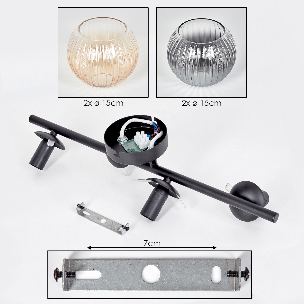 Eine zerlegte schwarze Leuchte mit zwei Glaslampen, einer Halterung und einer Platine, alles auf weißem Hintergrund.