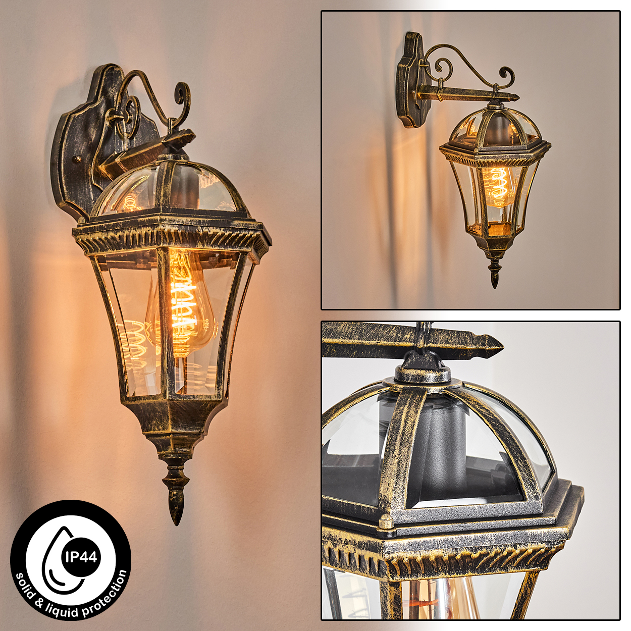Eine Außenwandleuchte mit gold-schwarzem Finish, Glaspaneelen und einer sichtbaren Glühbirne. IP44-Symbol vorhanden.