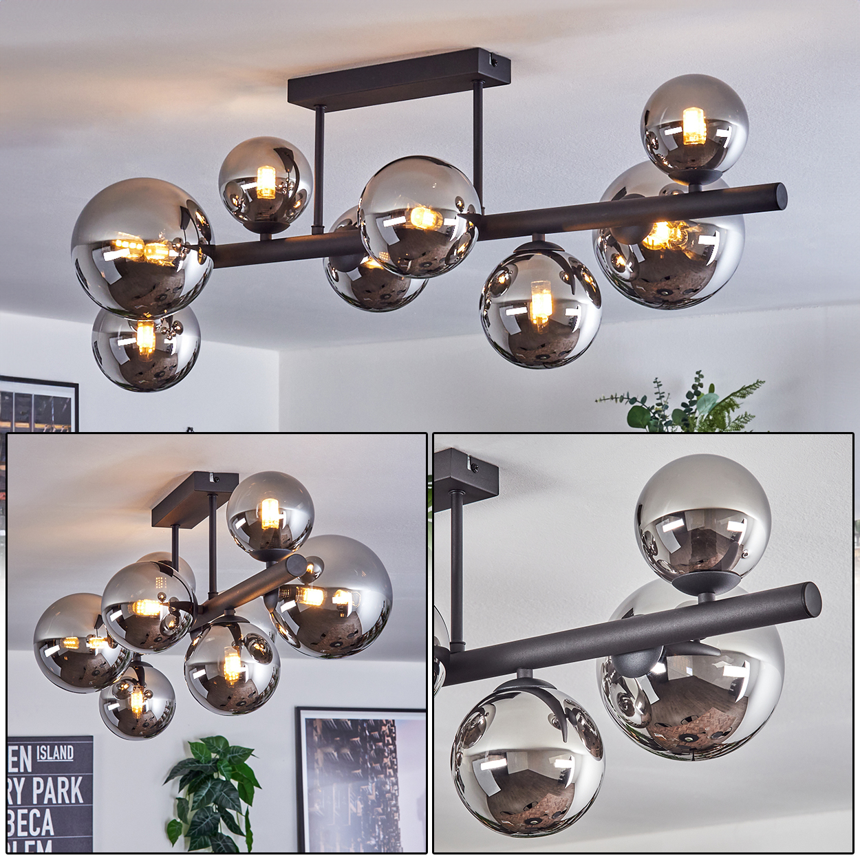 Moderne Deckenleuchte mit rauchfarbenen Glaskugeln und schwarzen Metallarmen, beleuchteten Glühbirnen und weißer Decke.