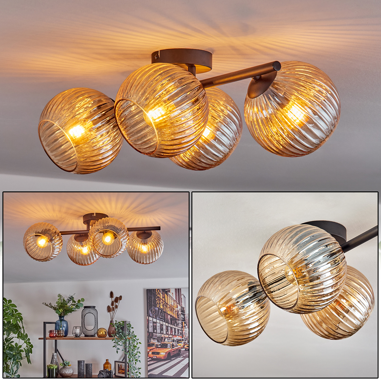 Eine Deckenleuchte mit fünf bernsteinfarbenen, spiralförmigen Glaskugeln. Sie ist an einem schwarzen Metallrahmen befestigt, die Lichter sind an.