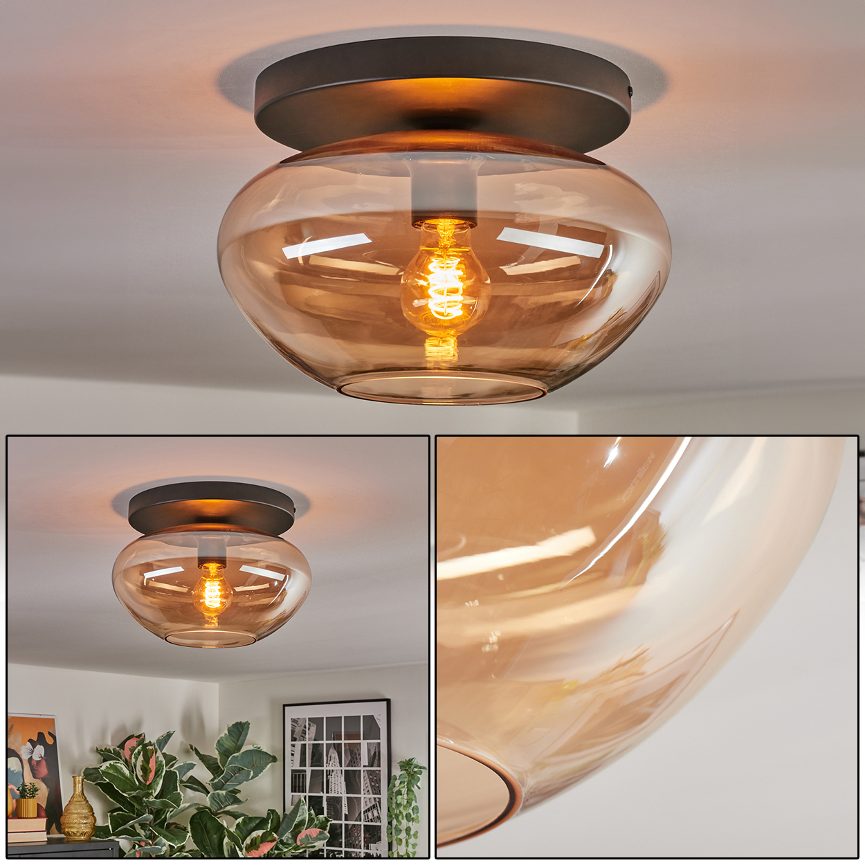 Deckenleuchte mit braunem Metallsockel und großem, bernsteinfarbenem Glasschirm. Eine Glühbirne leuchtet im Schirm.