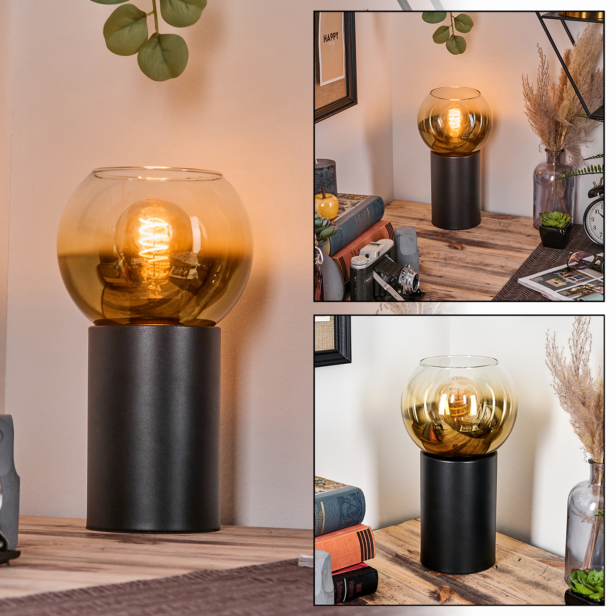 Eine Lampe mit rundem Glasschirm und schwarzem Sockel auf einem Holztisch. Weitere Objekte sind Bücher, eine Kamera und Dekoration.