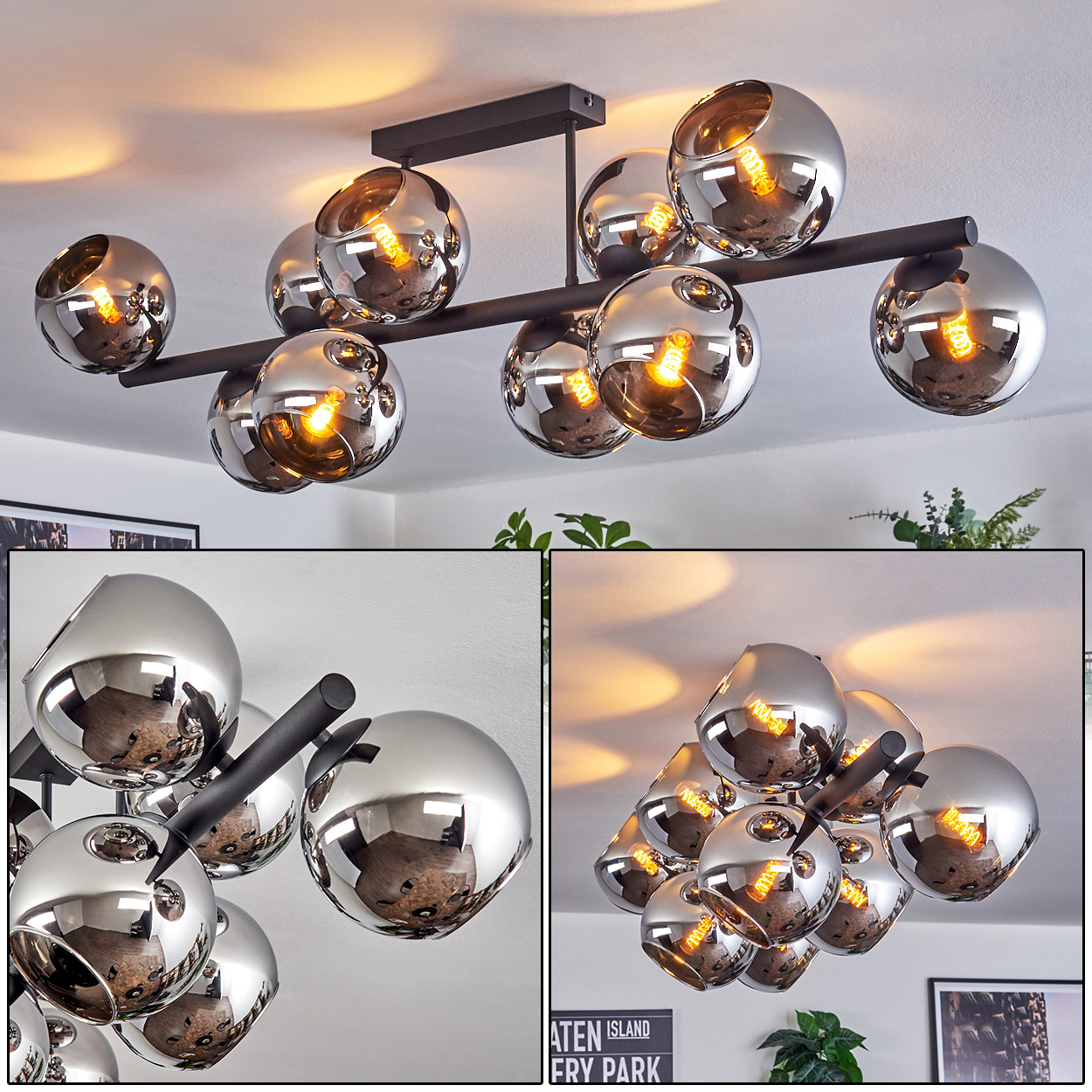 Moderne Deckenleuchte mit mehreren Chromkugeln, die jeweils eine warme Glühbirne enthalten, vor einer weißen Decke.