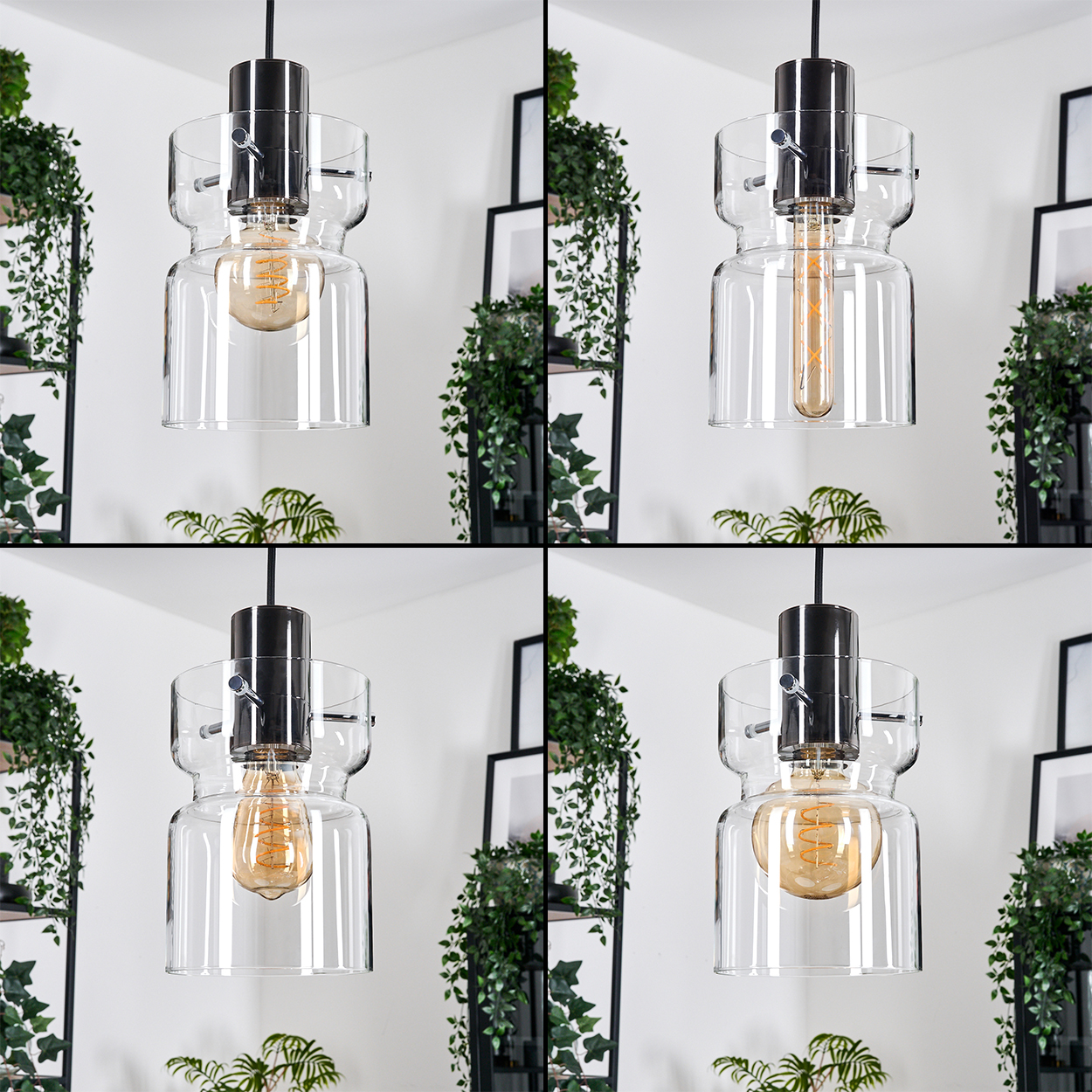 Eine moderne Pendelleuchte mit klarem Glasschirm und sichtbarer Edison-Glühbirne. Im Hintergrund grüne Pflanzen und Bilderrahmen.