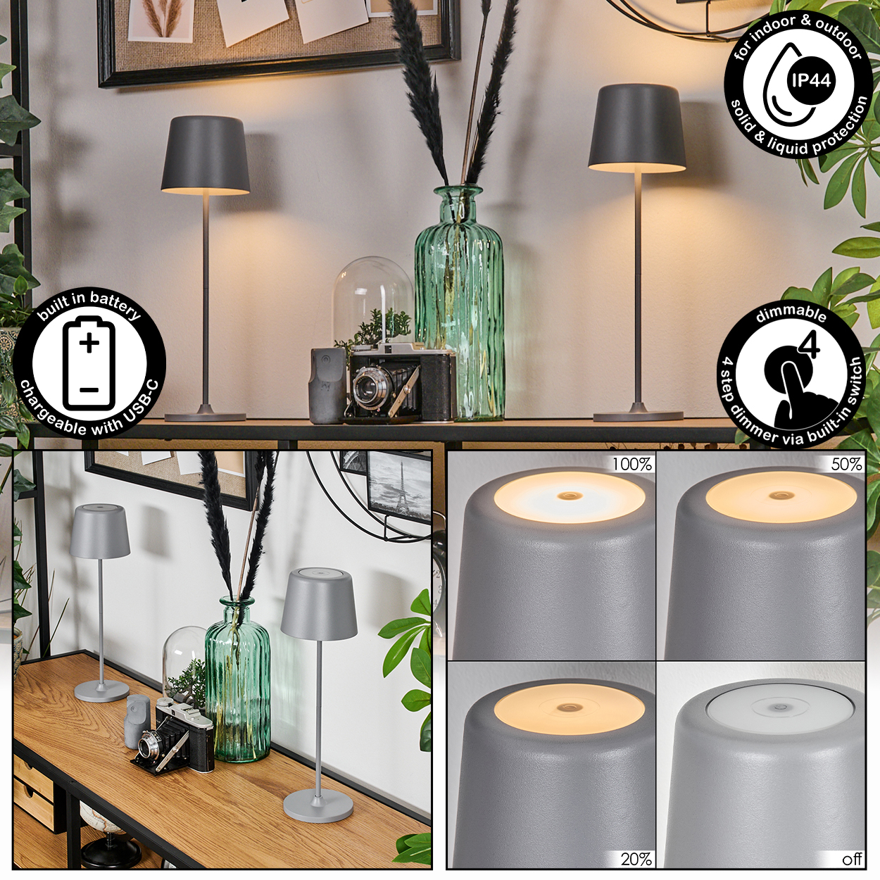 Zwei graue Lampen auf einem Holztisch, mit einer grünen Vase, einer Kamera und einer Glaskuppel. Dimmschalter und Batteriesymbole.