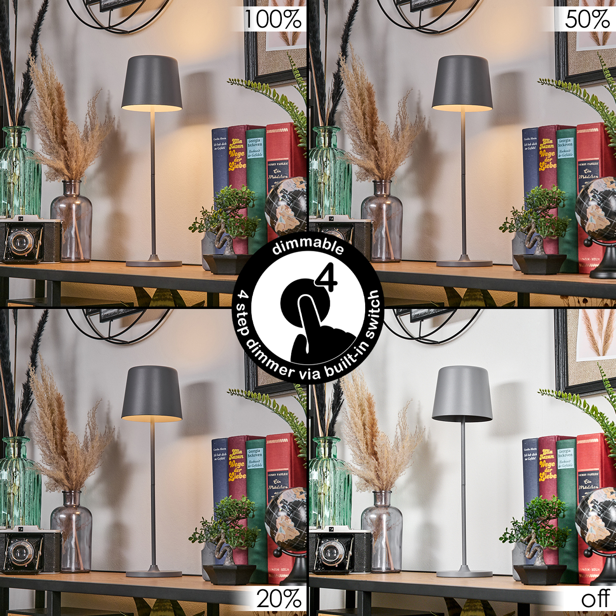 Eine Lampe mit vier Helligkeitsstufen wird angezeigt. Bücher, Vasen und eine Kamera stehen auf einem Regal. Der Hintergrund ist eine Wand.