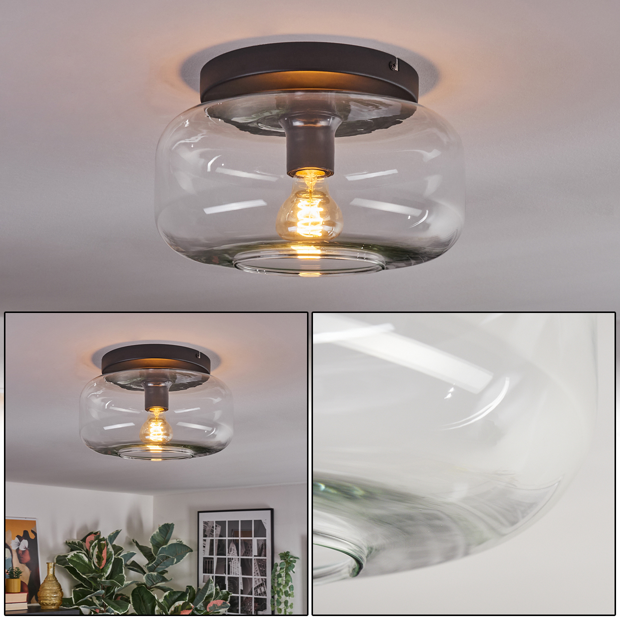 Eine moderne Deckenleuchte mit Glasschirm und sichtbarer Glühbirne. Die Leuchte ist an einer weißen Decke montiert.