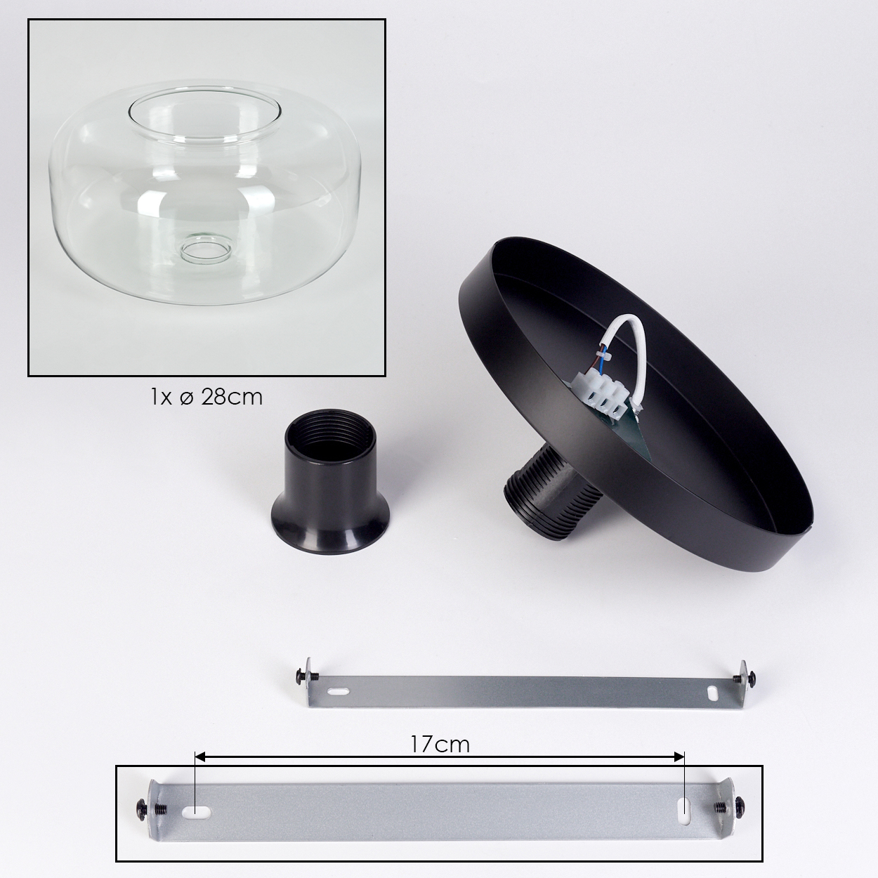 Zerlegte Lampenteile: Glasschirm, schwarzer Metallsockel, Montagehalterung und eine schwarze zylindrische Fassung. Der Sockel ist 28 cm.