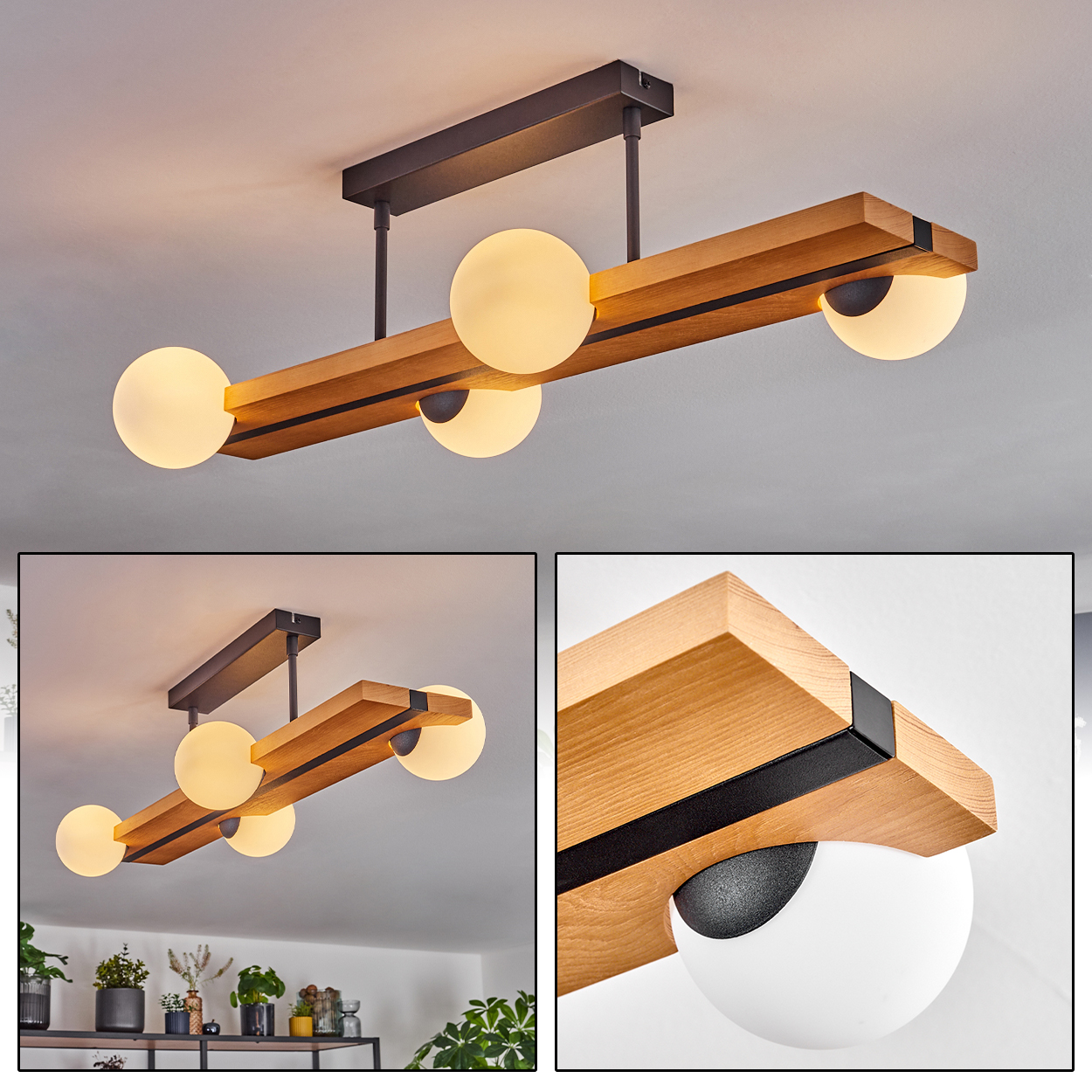 Eine moderne Deckenlampe mit Holzbalken, schwarzen Metallakzenten und runden, leuchtenden weißen Glühbirnen. Der Hintergrund ist eine weiße Decke.