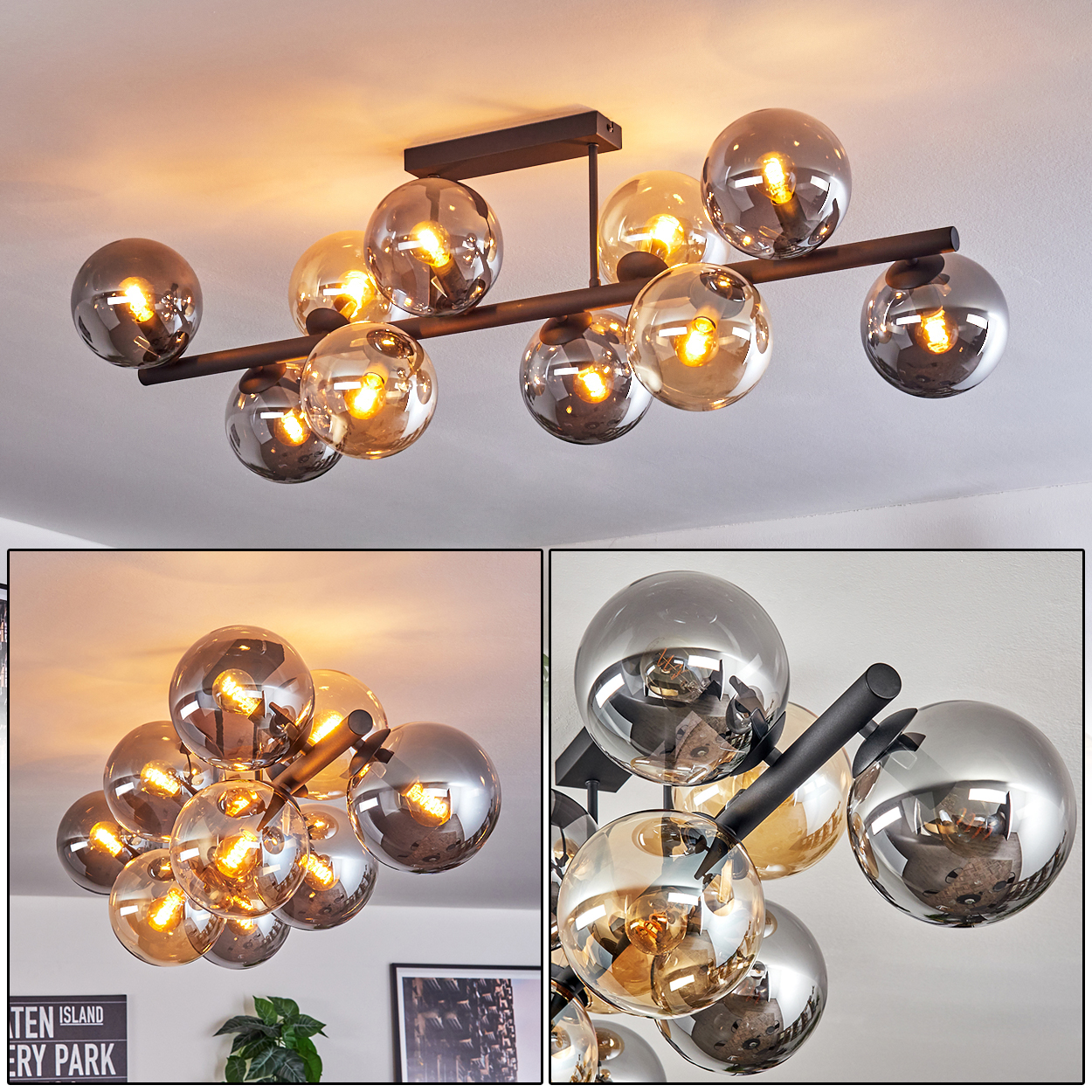 Eine moderne Deckenleuchte mit mehreren Glaskugelschirmen in Grau- und Bernsteintönen, mit schwarzen Metallarmen.