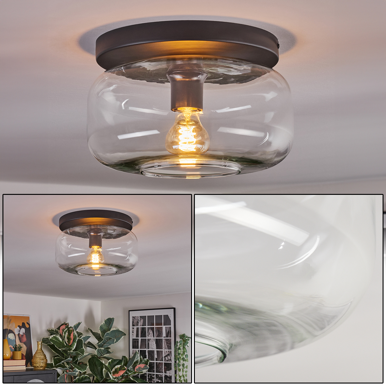 Eine Deckenleuchte mit Glasschirm und sichtbarer Glühbirne. Der Hintergrund ist eine weiße Decke.