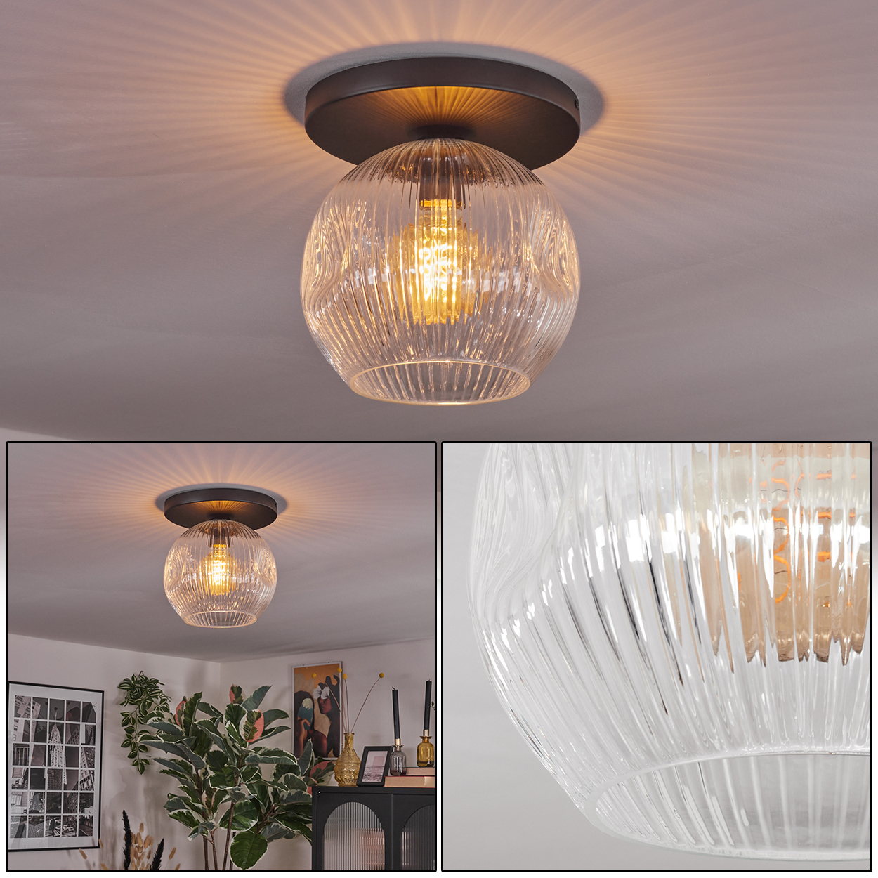 Eine klare, gemusterte Glaskugelleuchte ist an der Decke befestigt. Das Licht ist an und strahlt von ihm aus.